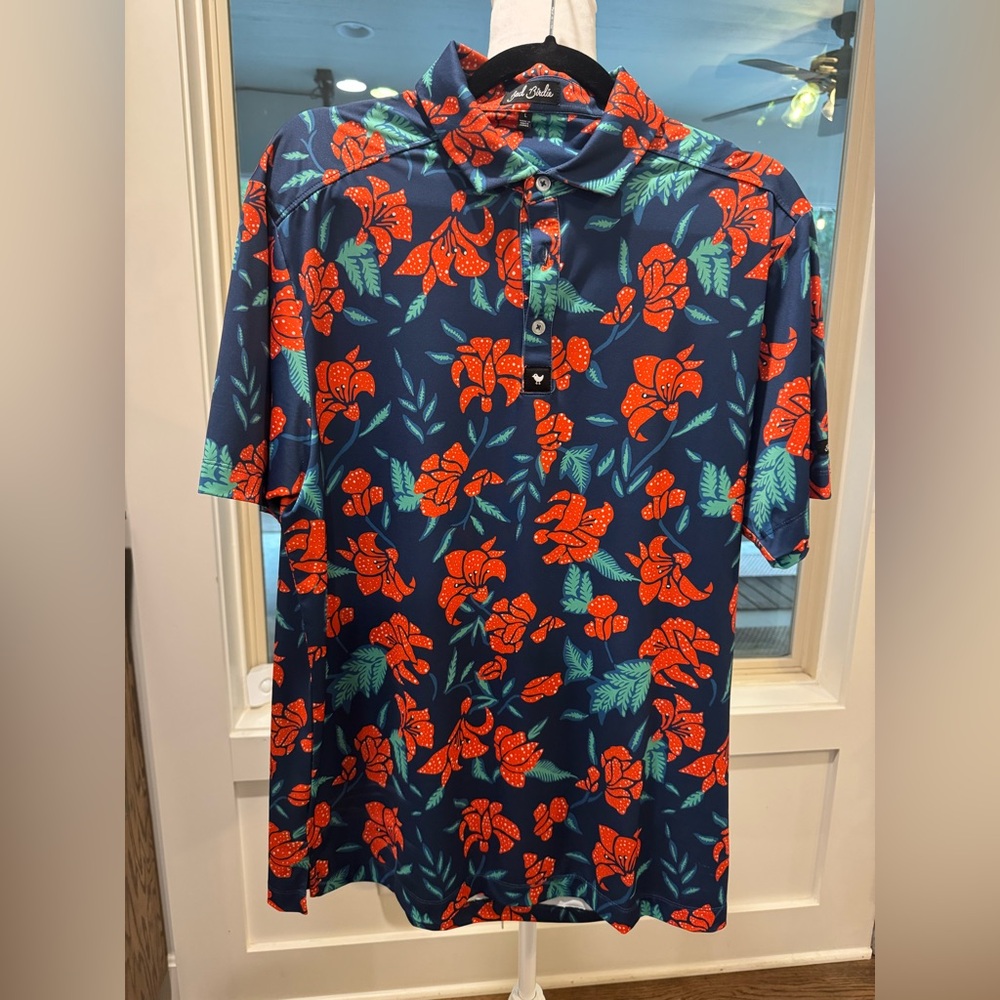 Bad Birdie Men's Floral Polo Shirt - Blue and Red